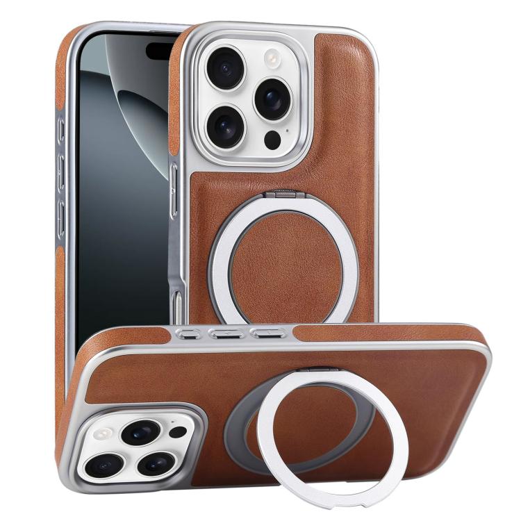 Plated Leather Grain Rotation MagSafe Holder Phone Case, For iPhone 16 Pro Max, For iPhone 16 Pro, For iPhone 16 Plus, For iPhone 16