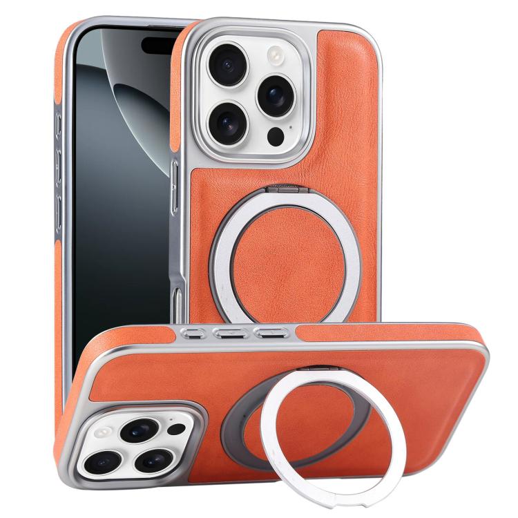 Plated Leather Grain Rotation MagSafe Holder Phone Case, For iPhone 16 Pro Max, For iPhone 16 Pro, For iPhone 16 Plus, For iPhone 16