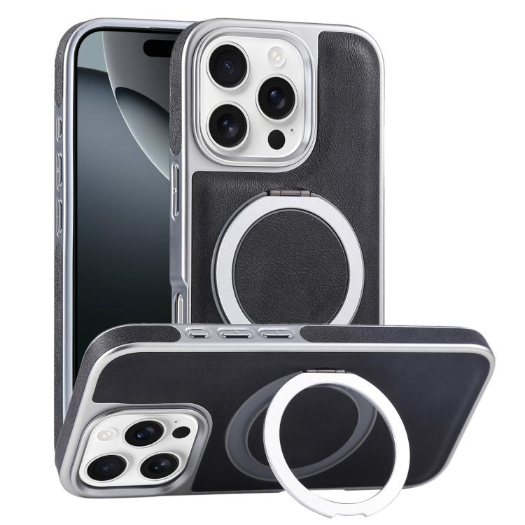 Plated Leather Grain Rotation MagSafe Holder Phone Case, For iPhone 16 Pro Max, For iPhone 16 Pro, For iPhone 16 Plus, For iPhone 16