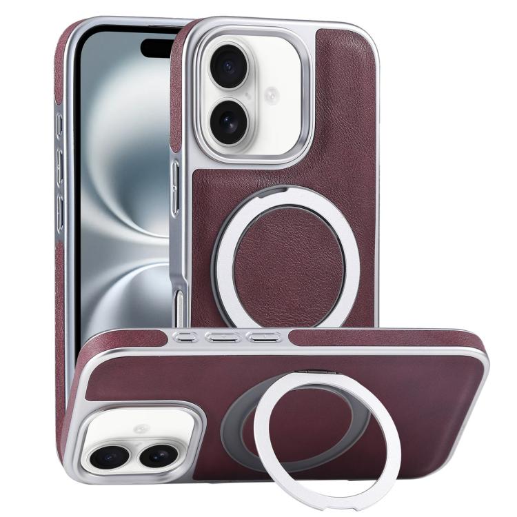 Plated Leather Grain Rotation MagSafe Holder Phone Case, For iPhone 16 Pro Max, For iPhone 16 Pro, For iPhone 16 Plus, For iPhone 16