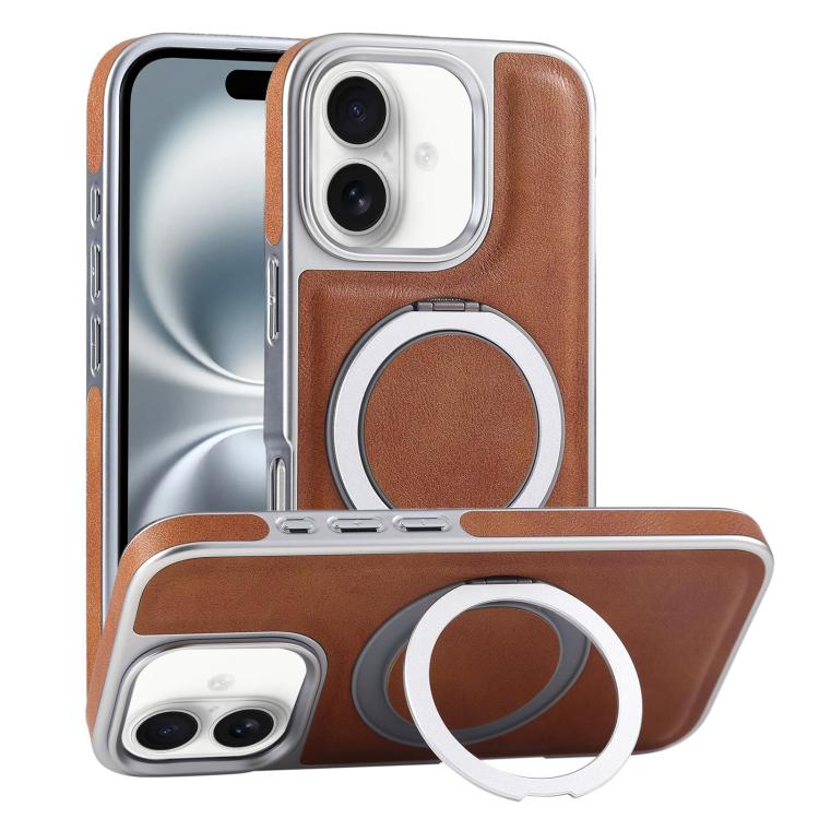 Plated Leather Grain Rotation MagSafe Holder Phone Case, For iPhone 16 Pro Max, For iPhone 16 Pro, For iPhone 16 Plus, For iPhone 16