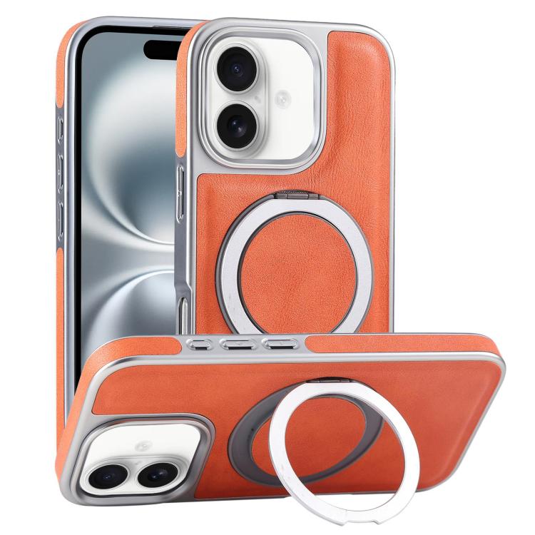 Plated Leather Grain Rotation MagSafe Holder Phone Case, For iPhone 16 Pro Max, For iPhone 16 Pro, For iPhone 16 Plus, For iPhone 16