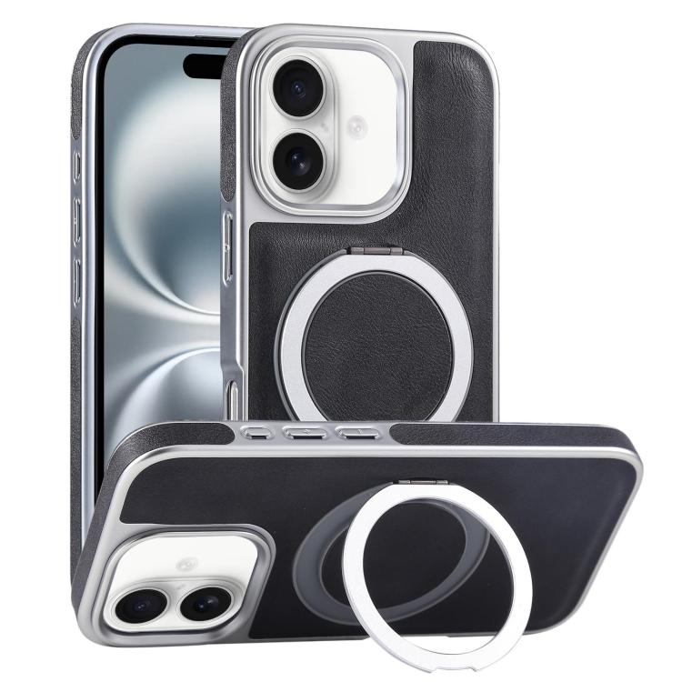 Plated Leather Grain Rotation MagSafe Holder Phone Case, For iPhone 16 Pro Max, For iPhone 16 Pro, For iPhone 16 Plus, For iPhone 16