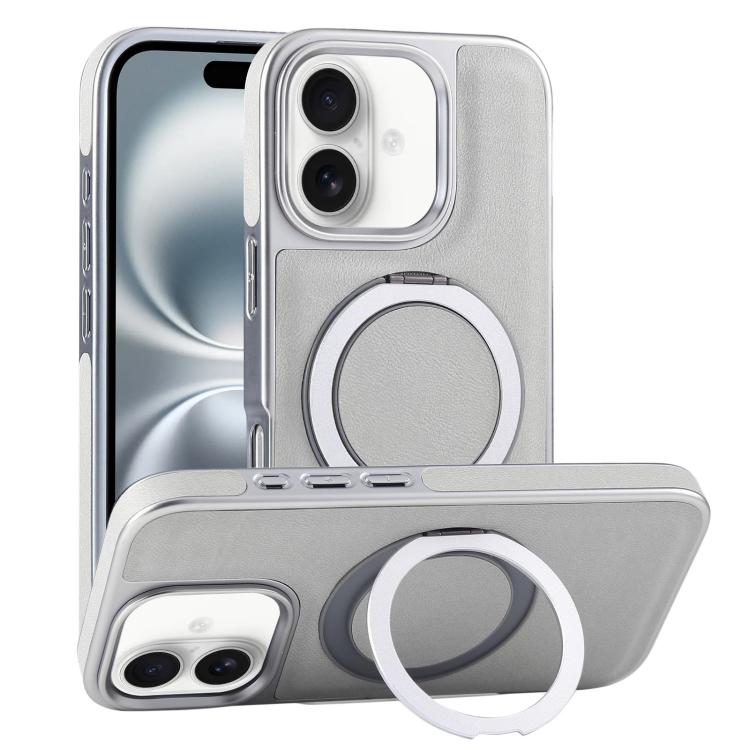 Plated Leather Grain Rotation MagSafe Holder Phone Case, For iPhone 16 Pro Max, For iPhone 16 Pro, For iPhone 16 Plus, For iPhone 16