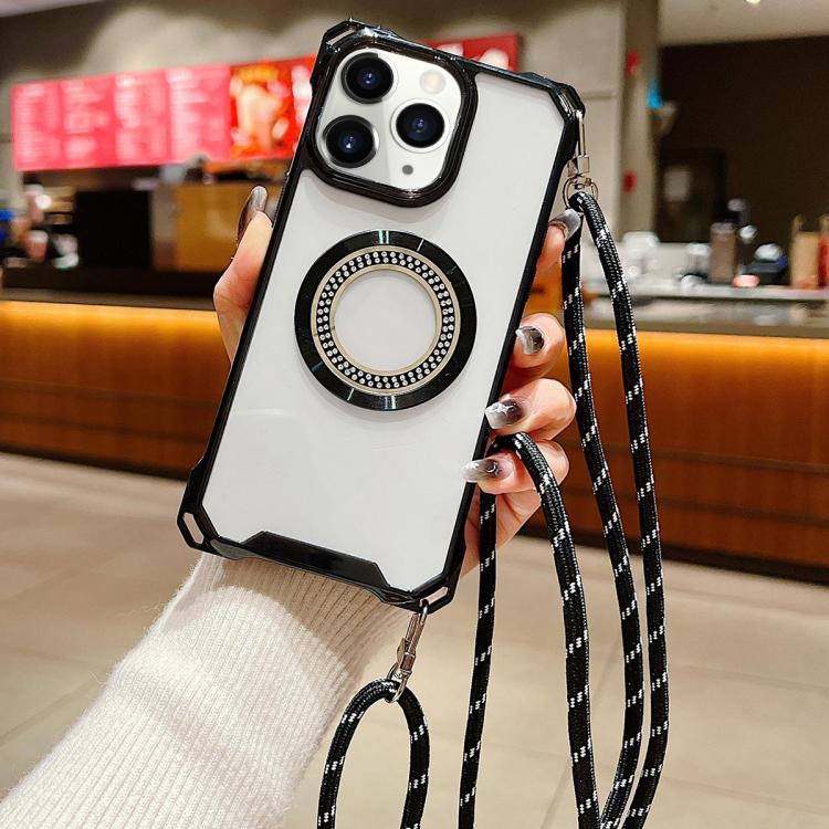 Traveler Crossbody Lanyard MagSafe Four-corner TPU Clear Phone Case, For iPhone 11 Pro