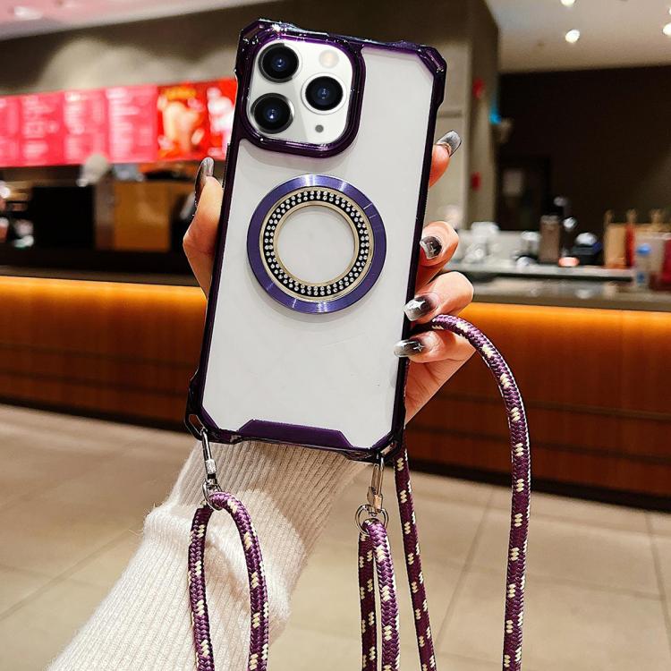 Traveler Crossbody Lanyard MagSafe Four-corner TPU Clear Phone Case, For iPhone 11 Pro