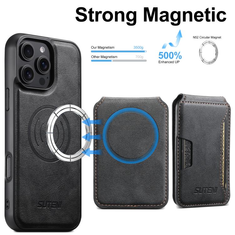 Suteni M3 Card Bag MagSafe Cowhide Texture Leather Phone Case, For iPhone 15 Pro Max, For iPhone 15 Pro, For iPhone 15 Plus, For iPhone 15, For iPhone 14 Plus, For iPhone 14, For iPhone 14 Pro, For iPhone 14 Pro Max