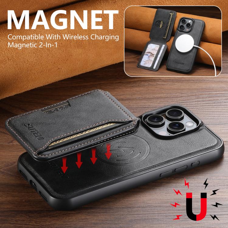 Suteni M3 Card Bag MagSafe Cowhide Texture Leather Phone Case, For iPhone 15 Pro Max, For iPhone 15 Pro, For iPhone 15 Plus, For iPhone 15, For iPhone 14 Plus, For iPhone 14, For iPhone 14 Pro, For iPhone 14 Pro Max