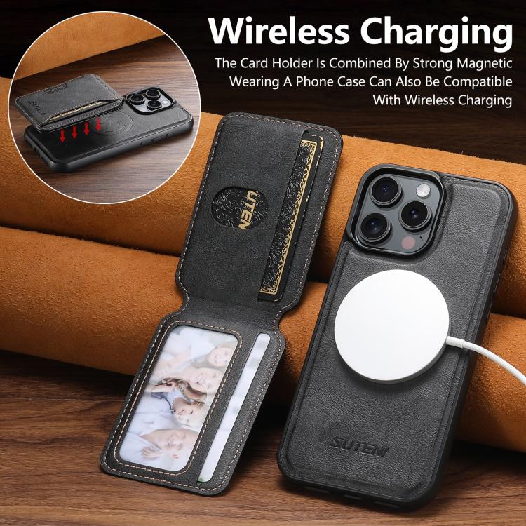 Suteni M3 Card Bag MagSafe Cowhide Texture Leather Phone Case, For iPhone 15 Pro Max, For iPhone 15 Pro, For iPhone 15 Plus, For iPhone 15, For iPhone 14 Plus, For iPhone 14, For iPhone 14 Pro, For iPhone 14 Pro Max