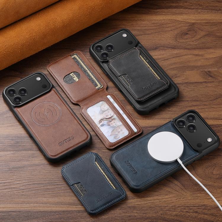 Suteni M3 Card Bag MagSafe Cowhide Texture Leather Phone Case, For iPhone 15 Pro Max, For iPhone 15 Pro, For iPhone 15 Plus, For iPhone 15, For iPhone 14 Plus, For iPhone 14, For iPhone 14 Pro, For iPhone 14 Pro Max