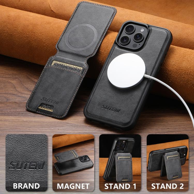 Suteni M5 Magnetic Card Bag MagSafe Leather Phone Case, For iPhone 14 Pro, For iPhone 14 Pro Max, For iPhone 13 Pro Max, For iPhone 13 Pro, For iPhone 13, For iPhone 12, For iPhone 12 Pro Max, For iPhone 12 Pro