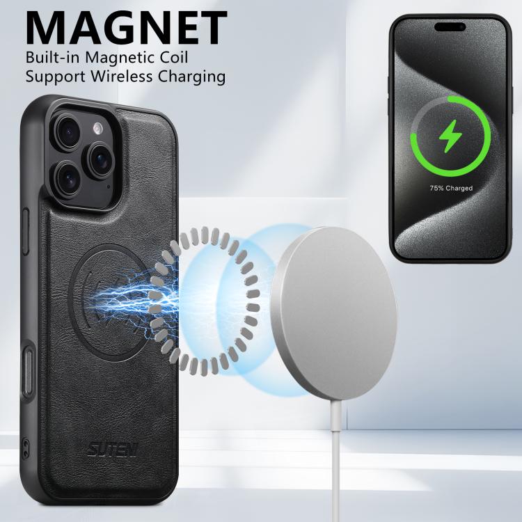Suteni G5 Cowhide Leather MagSafe Magnetic Phone Case, For iPhone 15 Pro Max, For iPhone 15 Pro, For iPhone 15 Plus, For iPhone 15, For iPhone 14 Plus, For iPhone 14, For iPhone 14 Pro, For iPhone 14 Pro Max