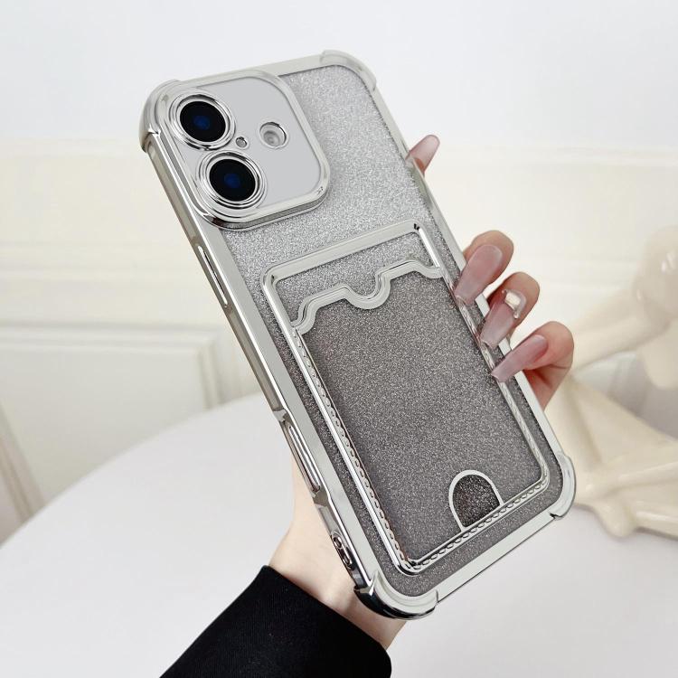 Four-cornered Glitter Electroplated Card Bag TPU Phone Case, For iPhone 16 Plus, For iPhone 16, For iPhone 15 Pro Max