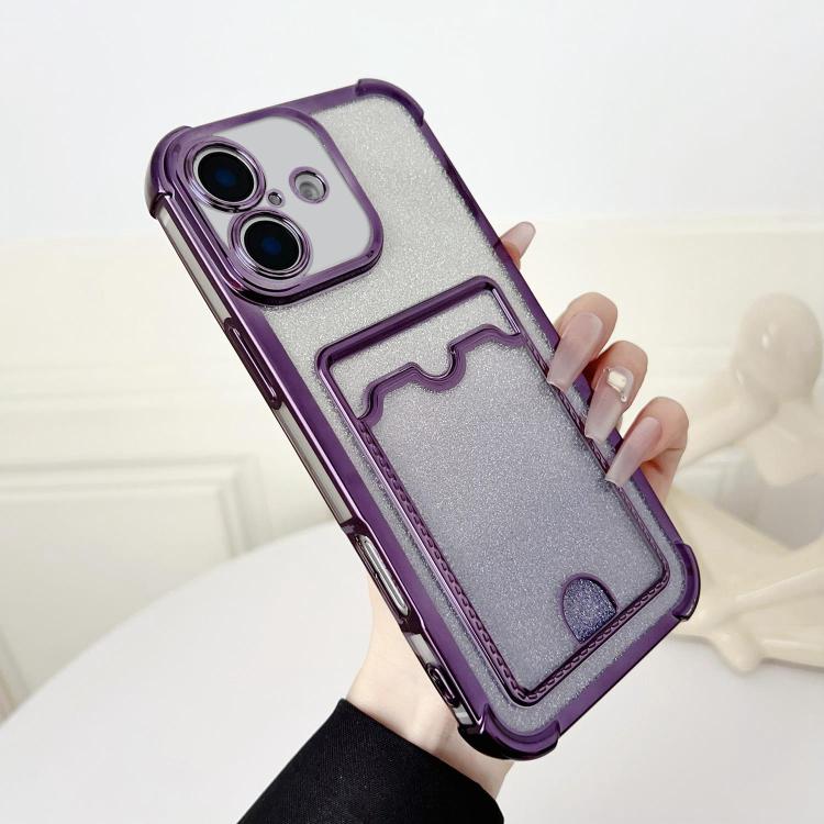 Four-cornered Glitter Electroplated Card Bag TPU Phone Case, For iPhone 16 Plus, For iPhone 16, For iPhone 15 Pro Max