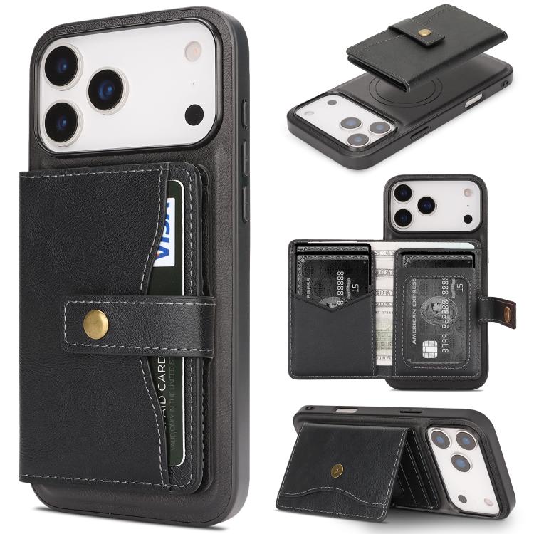 Kalebol Magnetic Button Card Bag MagSafe Ring Leather Phone Case, For iPhone 17 Pro Max, For iPhone 17 Pro, For iPhone 17, For iPhone 17 Air