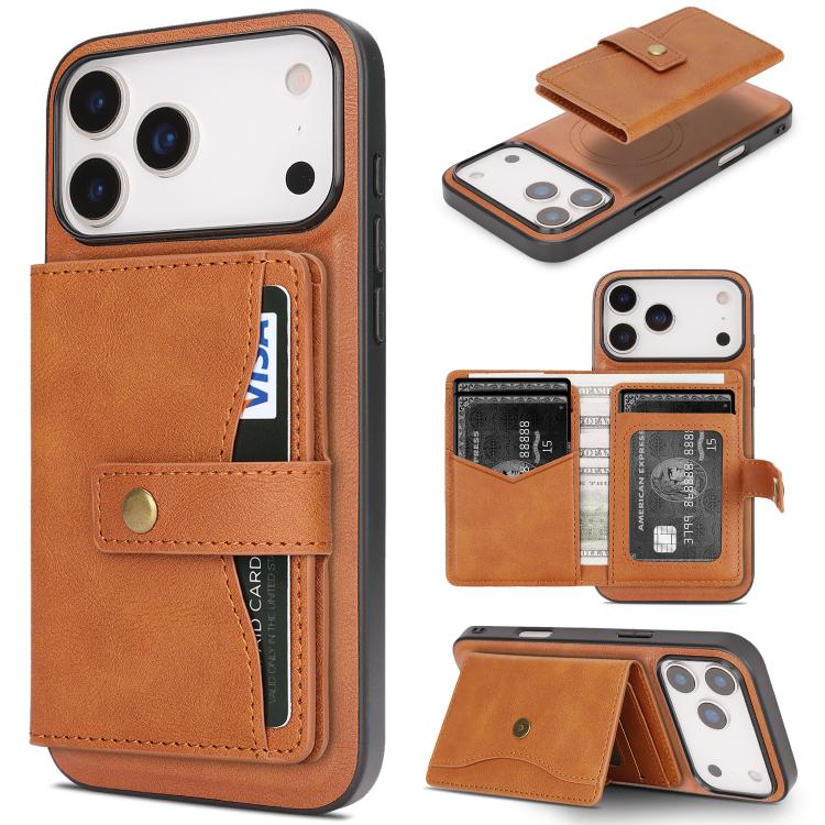 Kalebol Magnetic Button Card Bag MagSafe Ring Leather Phone Case, For iPhone 17 Pro Max, For iPhone 17 Pro, For iPhone 17, For iPhone 17 Air
