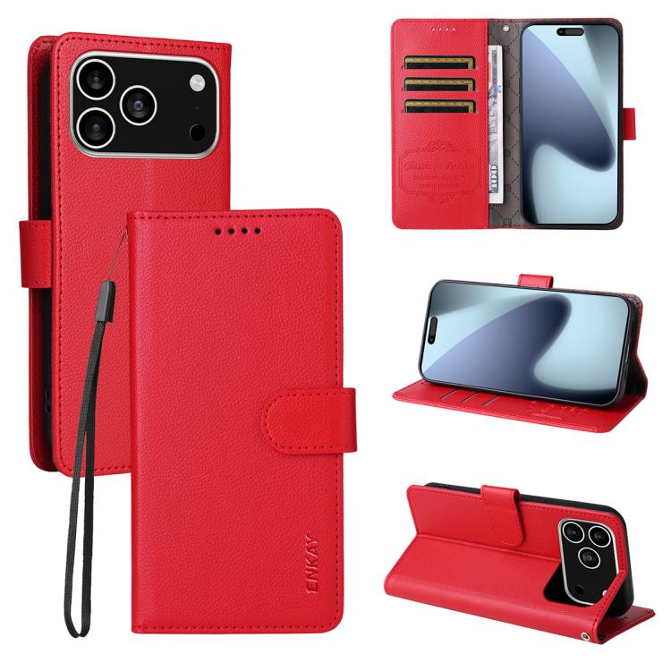 ENKAY RFID Blocking Wallet Kickstand Litchi Texture Leather Phone Case, For iPhone 17 Pro Max, For iPhone 17 Pro, For iPhone 17, For iPhone 17 Air