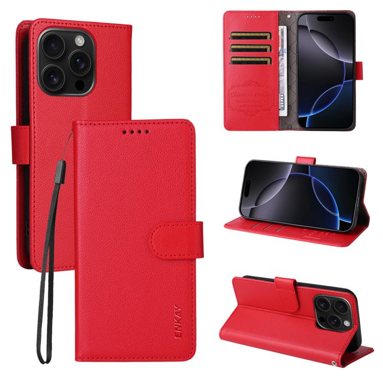 ENKAY RFID Blocking Wallet Kickstand Litchi Texture Leather Phone Case, For iPhone 16e, For iPhone 16 Pro Max, For iPhone 16 Pro, For iPhone 16 Plus