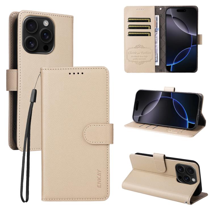 ENKAY RFID Blocking Wallet Kickstand Litchi Texture Leather Phone Case, For iPhone 16e, For iPhone 16 Pro Max, For iPhone 16 Pro, For iPhone 16 Plus