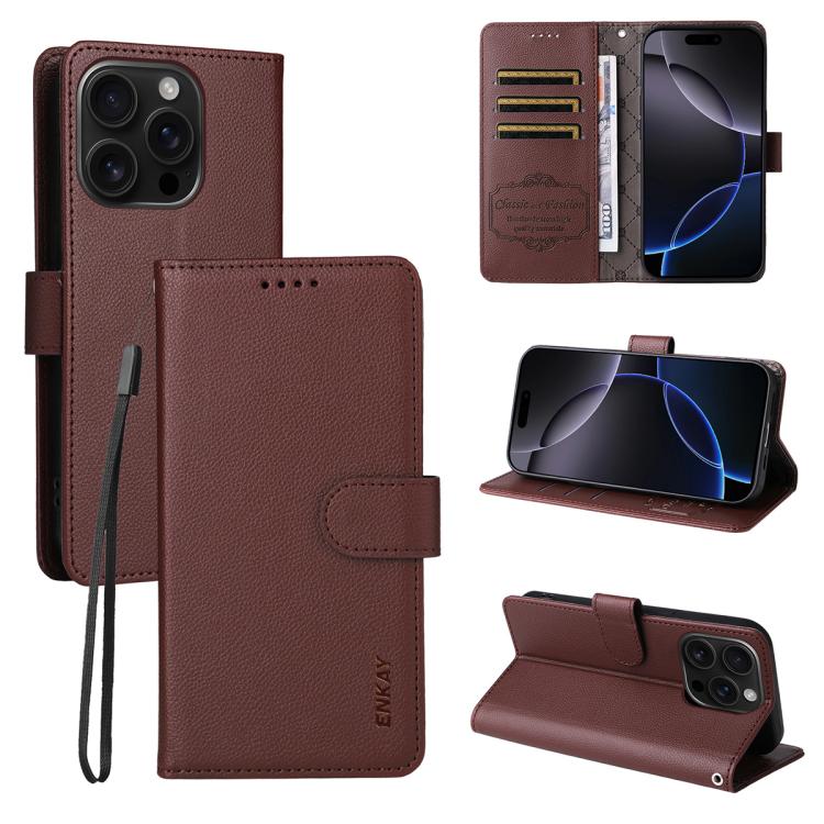 ENKAY RFID Blocking Wallet Kickstand Litchi Texture Leather Phone Case, For iPhone 16e, For iPhone 16 Pro Max, For iPhone 16 Pro, For iPhone 16 Plus