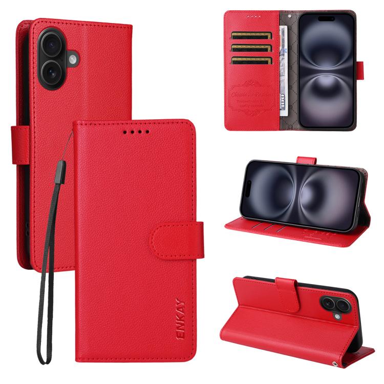 ENKAY RFID Blocking Wallet Kickstand Litchi Texture Leather Phone Case, For iPhone 16e, For iPhone 16 Pro Max, For iPhone 16 Pro, For iPhone 16 Plus