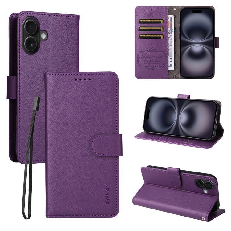 ENKAY RFID Blocking Wallet Kickstand Litchi Texture Leather Phone Case, For iPhone 16e, For iPhone 16 Pro Max, For iPhone 16 Pro, For iPhone 16 Plus