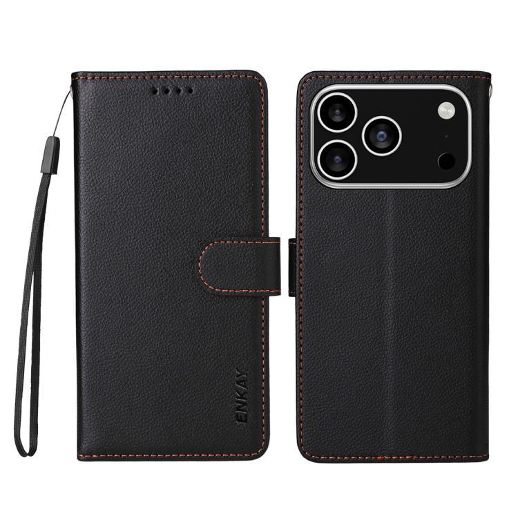 ENKAY RFID Blocking Wallet Kickstand Litchi Texture Leather Phone Case, For iPhone 16e, For iPhone 16 Pro Max, For iPhone 16 Pro, For iPhone 16 Plus