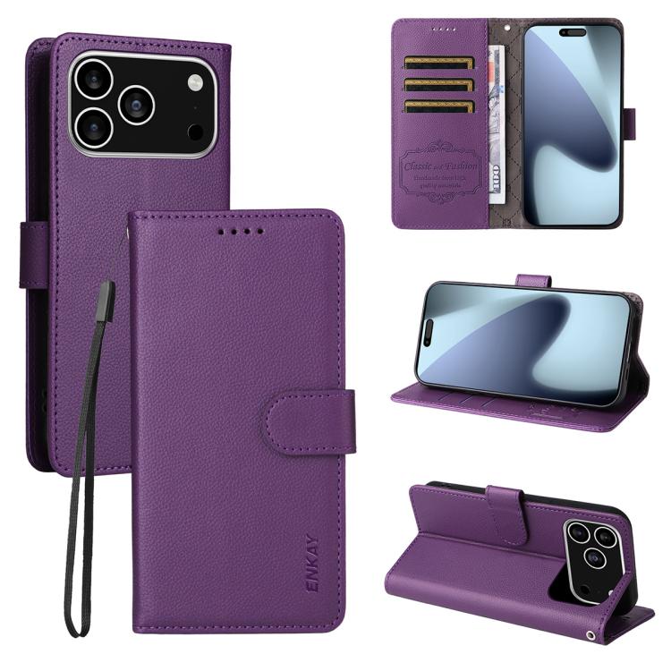 ENKAY RFID Blocking Wallet Kickstand Litchi Texture Leather Phone Case, For iPhone 16e, For iPhone 16 Pro Max, For iPhone 16 Pro, For iPhone 16 Plus