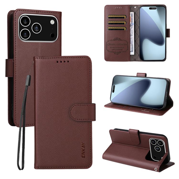 ENKAY RFID Blocking Wallet Kickstand Litchi Texture Leather Phone Case, For iPhone 16e, For iPhone 16 Pro Max, For iPhone 16 Pro, For iPhone 16 Plus