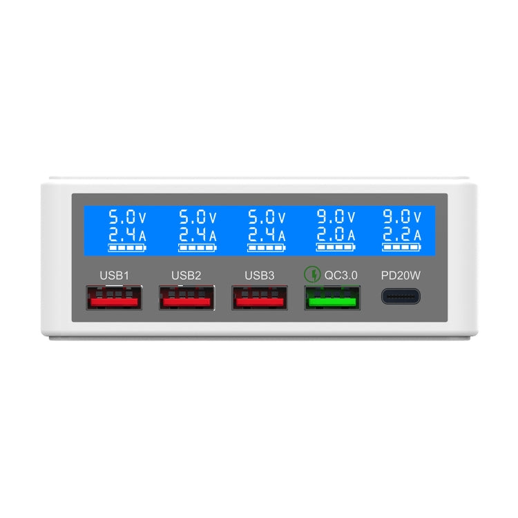 618 QC3.0 + PD20W + 3 x USB Ports Charger with Smart LCD Display,, EU Plug (Black), US Plug (Black), AU Plug (Black), UK Plug (Black), EU Plug (White), US Plug (White), AU Plug (White), UK Plug (White)