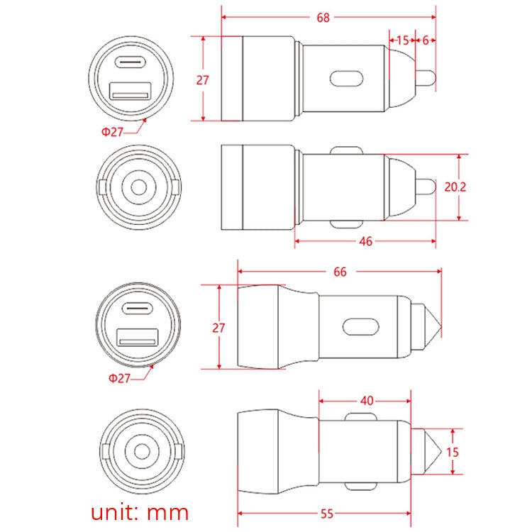 Aluminum Alloy Cigarette Lighter Applicable Car Charger, Black QCPD, Black Double QC, Gray QCPD
