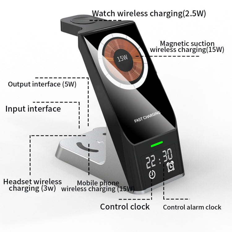 H27 15W 6 In 1 With Clock Function Magnetic Phone Wireless Charger For iWatch/AirPods