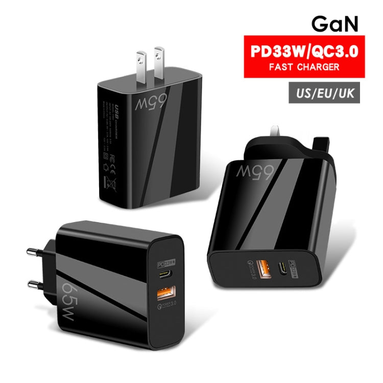 A502 65W USB-C/Type-C+USB Dual Port GaN Charger QC3.0 Laptop Universal Charger, EU Plug Black, EU Plug White, US Plug Black, US Plug White, UK Plug Black, UK Plug White