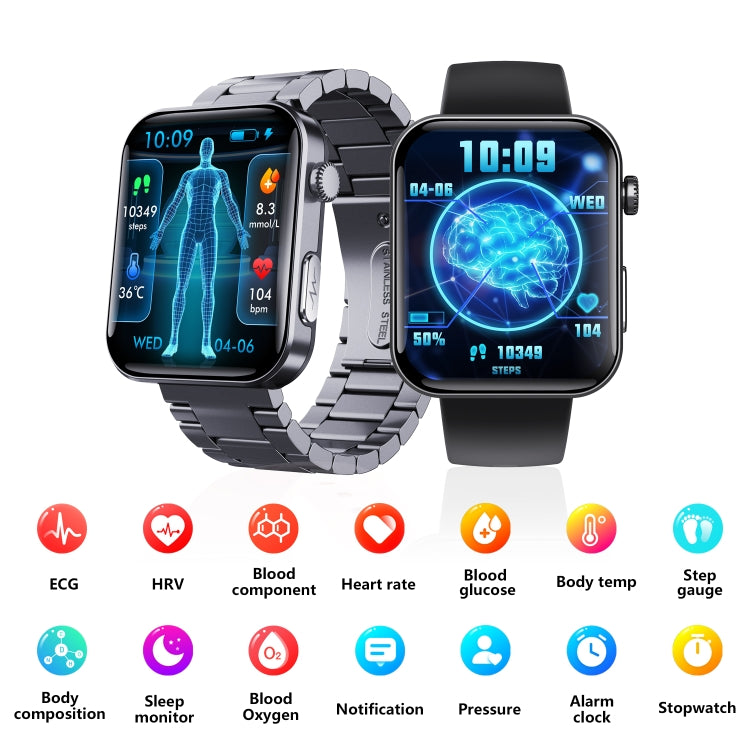 F300 2.1-Inch Screen Smart Watch Supports Bluetooth Calls/ECG/Blood Composition Analysis/50+ Sports Modes, Black Silicone, Black Pink Silicone, Black Gray Silicone, Black Milan, Black 3-Beads Steel, Black Leather, Black Brown Leather