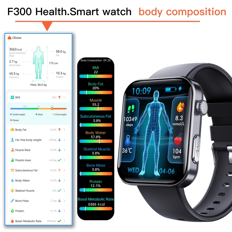 F300 2.1-Inch Screen Smart Watch Supports Bluetooth Calls/ECG/Blood Composition Analysis/50+ Sports Modes, Black Silicone, Black Pink Silicone, Black Gray Silicone, Black Milan, Black 3-Beads Steel, Black Leather, Black Brown Leather