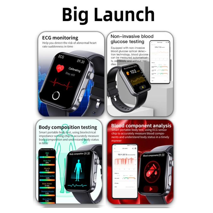 F300 2.1-Inch Screen Smart Watch Supports Bluetooth Calls/ECG/Blood Composition Analysis/50+ Sports Modes, Black Silicone, Black Pink Silicone, Black Gray Silicone, Black Milan, Black 3-Beads Steel, Black Leather, Black Brown Leather