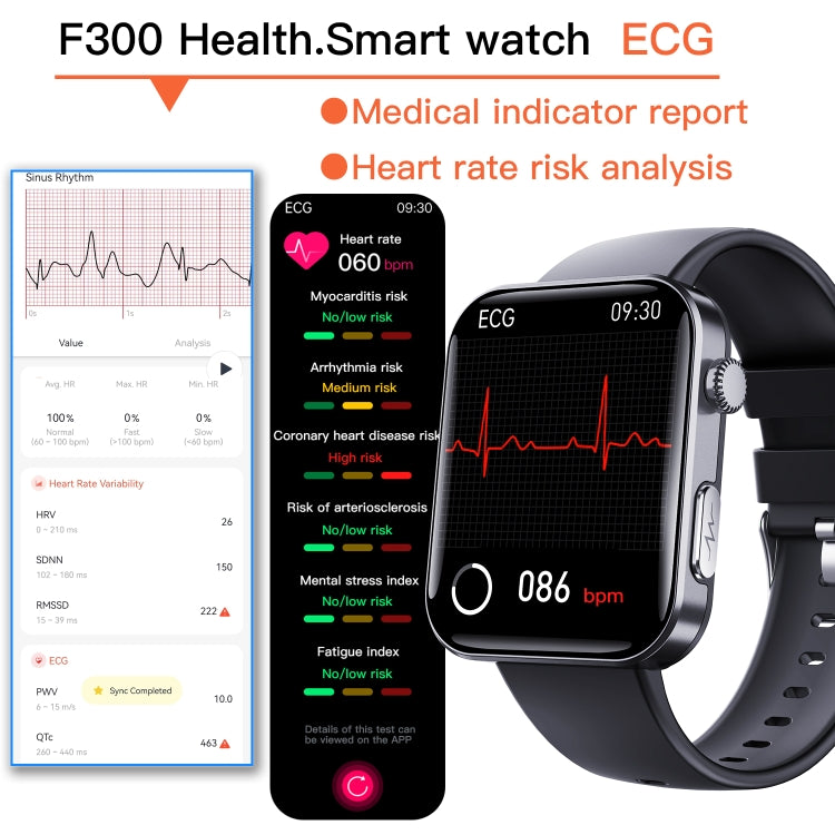 F300 2.1-Inch Screen Smart Watch Supports Bluetooth Calls/ECG/Blood Composition Analysis/50+ Sports Modes, Black Silicone, Black Pink Silicone, Black Gray Silicone, Black Milan, Black 3-Beads Steel, Black Leather, Black Brown Leather