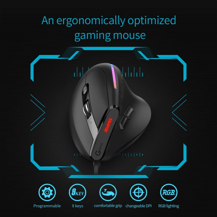 ZELOTES T50 9-Keys RGB Lighting Effect Vertical Grip Ergonomic Programming Wired Mouse, T50