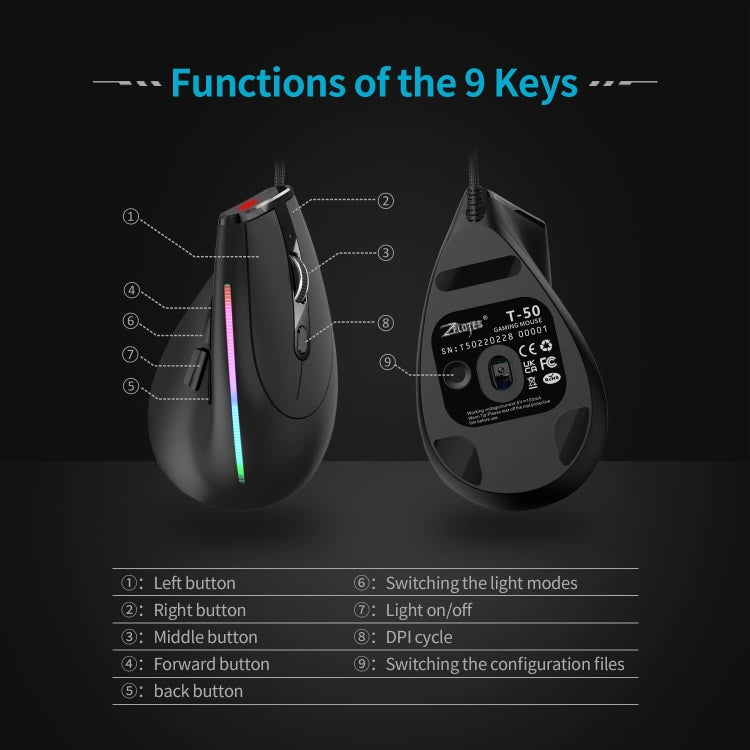 ZELOTES T50 9-Keys RGB Lighting Effect Vertical Grip Ergonomic Programming Wired Mouse, T50