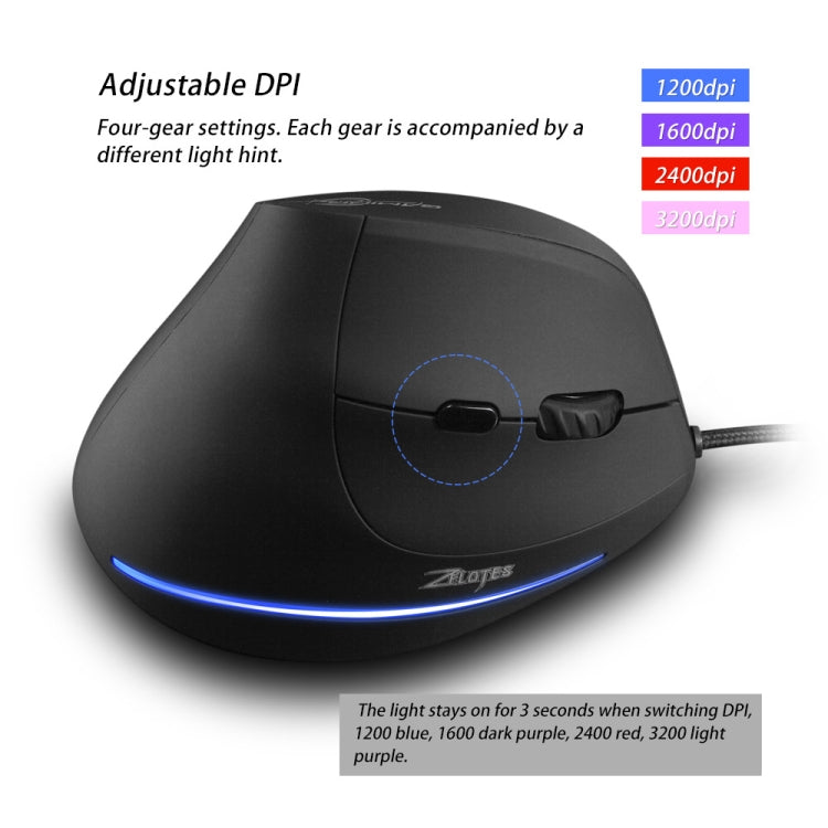 ZELOTES T20 6-Keys Vertical Grip Ergonomic Laptop Wired Mouse, T20