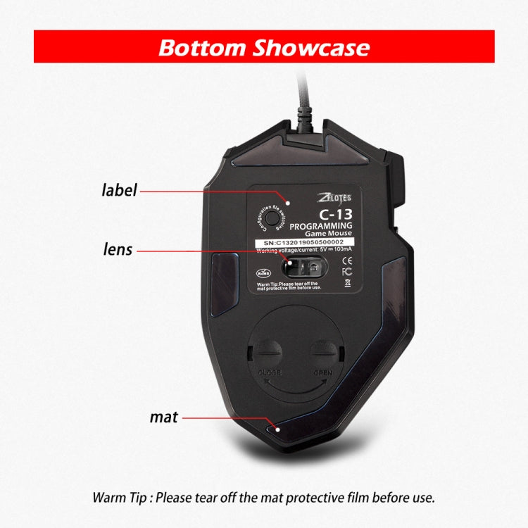 ZELOTES C13 13-keys RGB Lighting Effect Programming Macro Custom Gaming Wired Mouse, C13