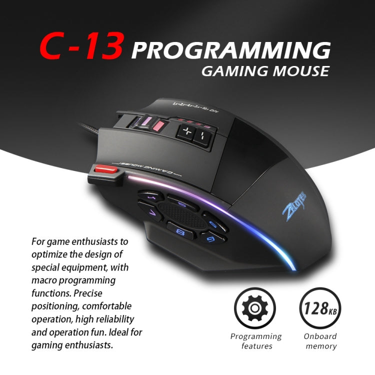 ZELOTES C13 13-keys RGB Lighting Effect Programming Macro Custom Gaming Wired Mouse, C13