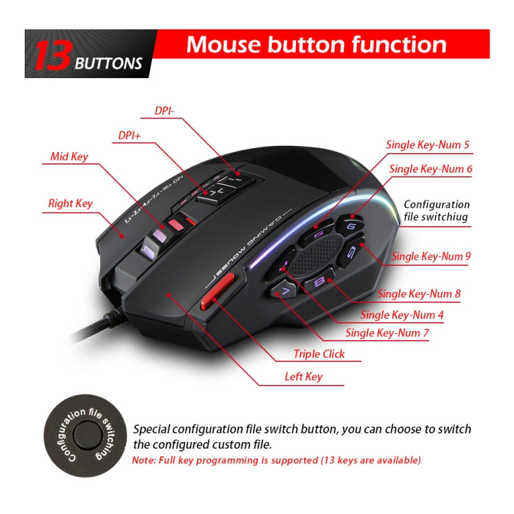 ZELOTES C13 13-keys RGB Lighting Effect Programming Macro Custom Gaming Wired Mouse, C13