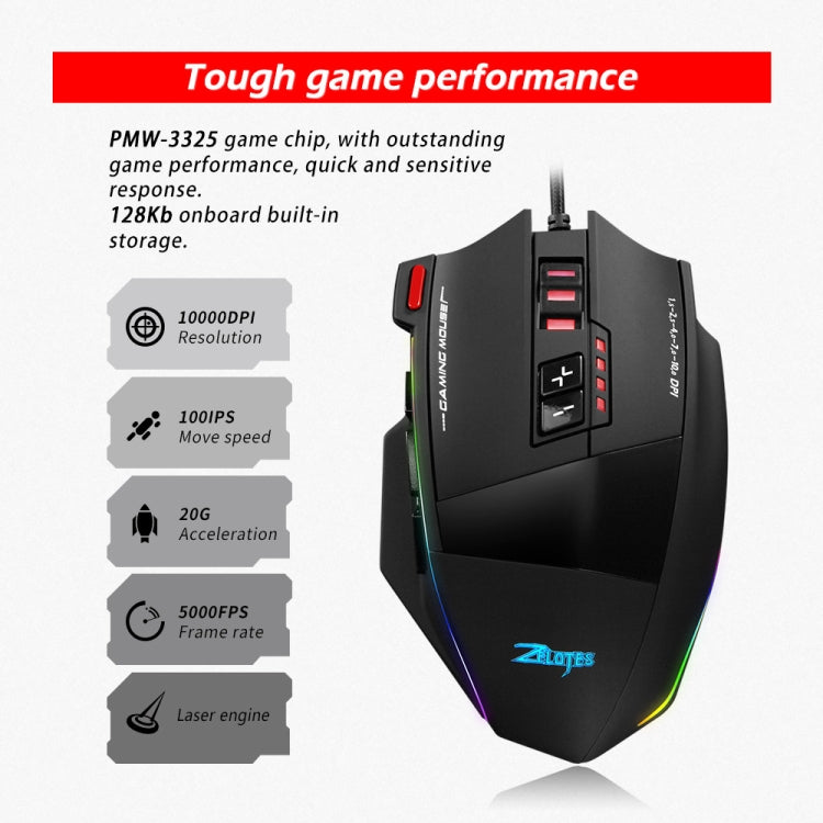 ZELOTES C13 13-keys RGB Lighting Effect Programming Macro Custom Gaming Wired Mouse, C13