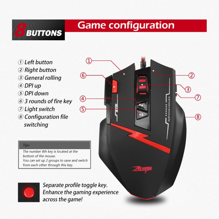 ZELOTES C8 8-buttons Ergonomic Game Programming Custom Wired Mouse, C8