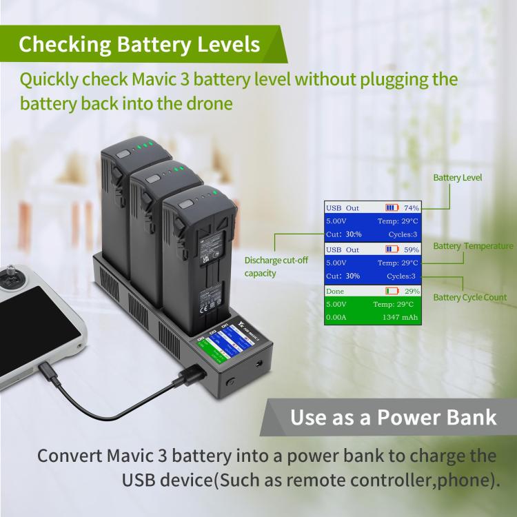For DJI Mavic 3 YX Battery Charger Discharger Hub 3-in-1 Smart Charging Station With Color Screen, US Plug, AU Plug, EU Plug, UK Plug