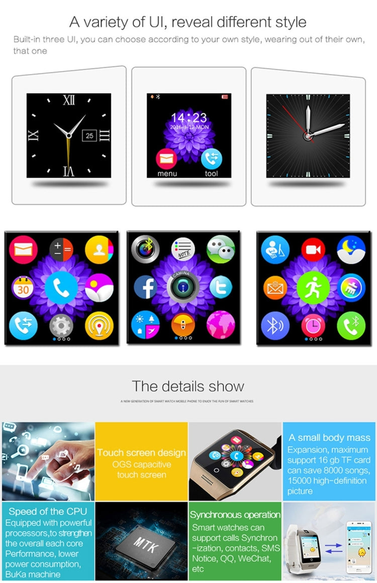 Q18S 1.54 inch IPS Screen MTK6260A Bluetooth 3.0 Smart Watch Phone, Pedometer / Sedentary Reminder / Sleeping Monitor / Anti-Loss / Remote Camera / GSM / 0.3M Camera, WA3241BJ, WA3241BS, WA3241H, WA3241WJ, WA3241WS