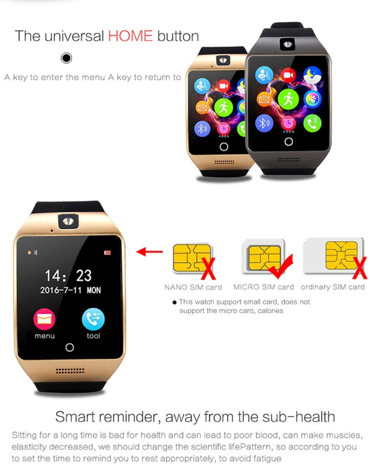 Q18S 1.54 inch IPS Screen MTK6260A Bluetooth 3.0 Smart Watch Phone, Pedometer / Sedentary Reminder / Sleeping Monitor / Anti-Loss / Remote Camera / GSM / 0.3M Camera, WA3241BJ, WA3241BS, WA3241H, WA3241WJ, WA3241WS