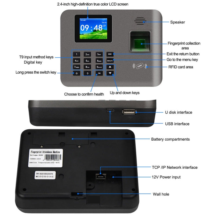 Realand AL321D Fingerprint Time Attendance with 2.4 inch Color Screen & ID Card Function & Battery, AL321D