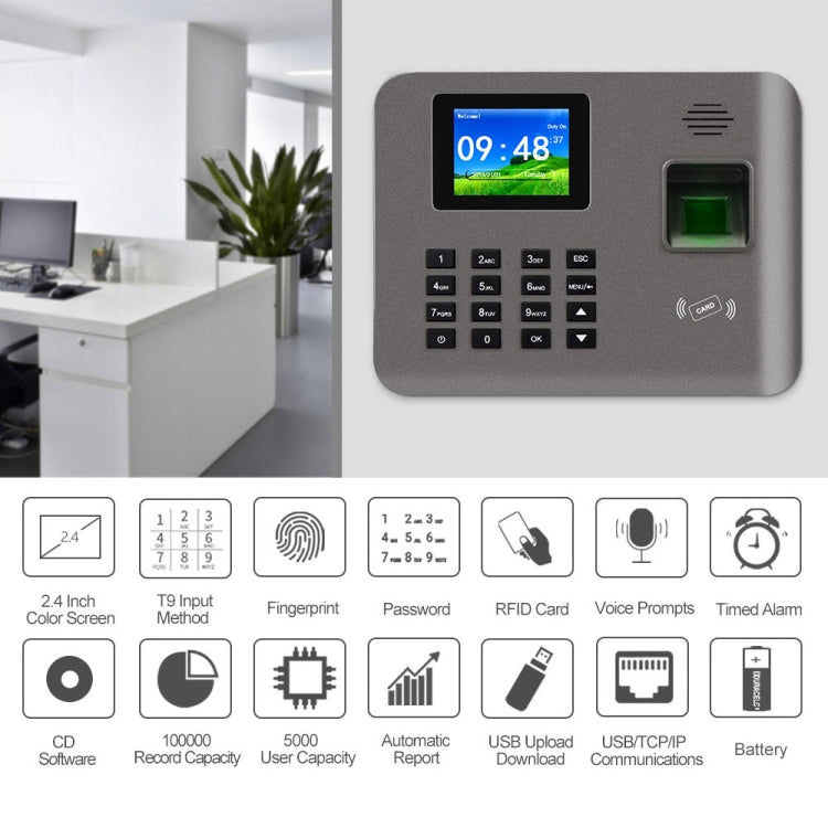 Realand AL325D Fingerprint Time Attendance with 2.4 inch Color Screen & ID Card Function & WiFi & Battery, AL325D